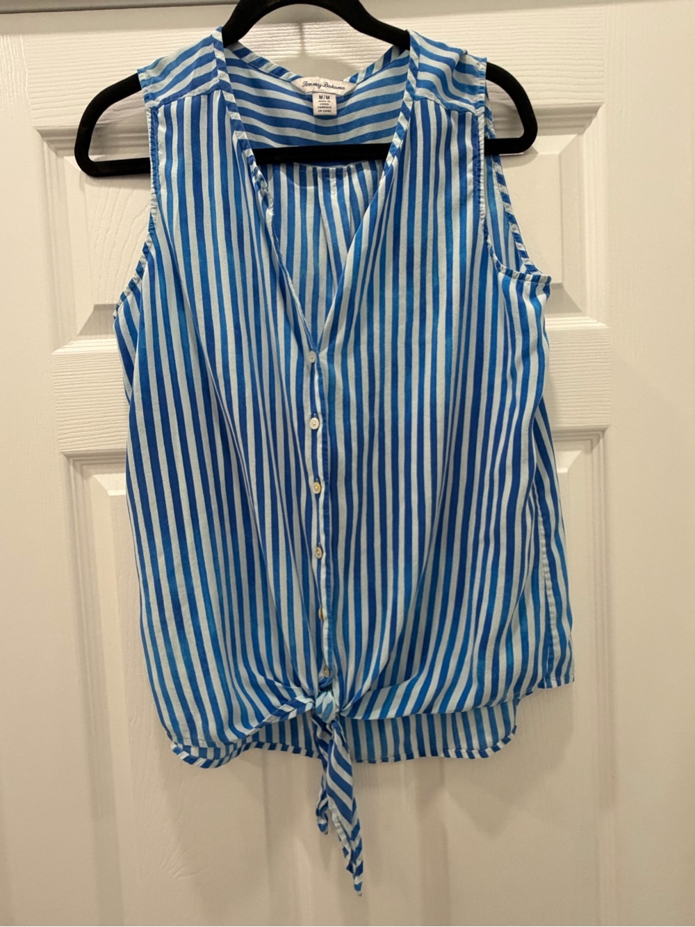 Tommy Bahama Silk Blue & White Striped Tie-Front Sleeveless Top